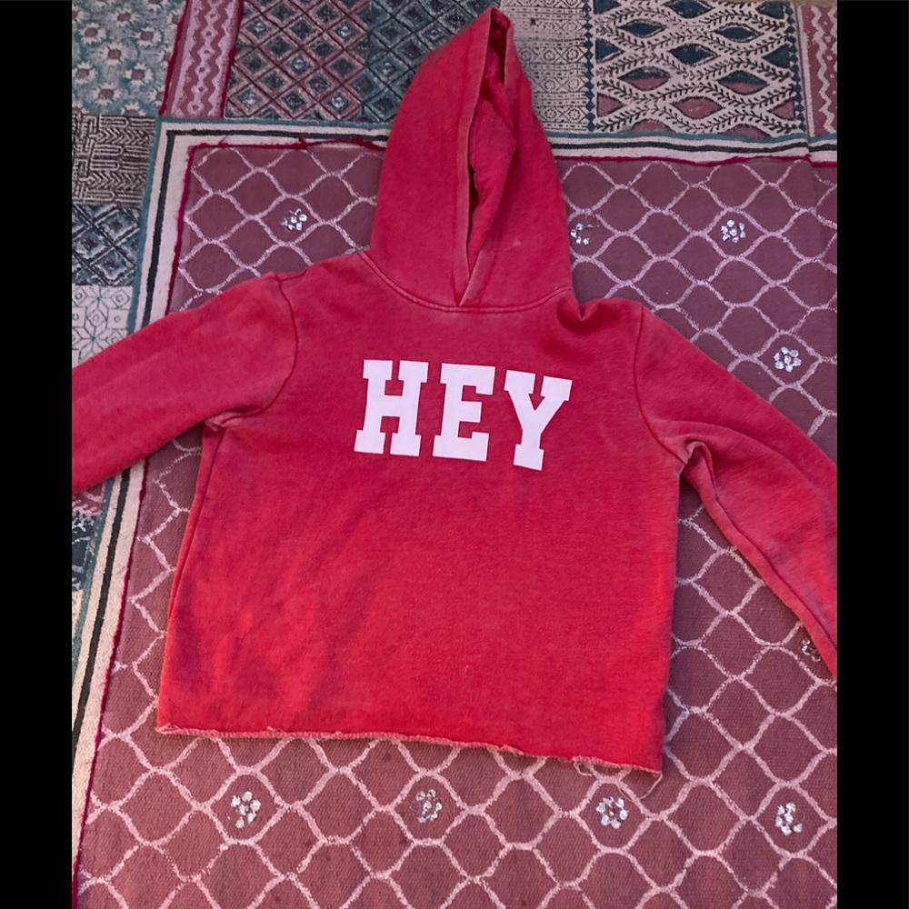 red “hey” cropped hoodie